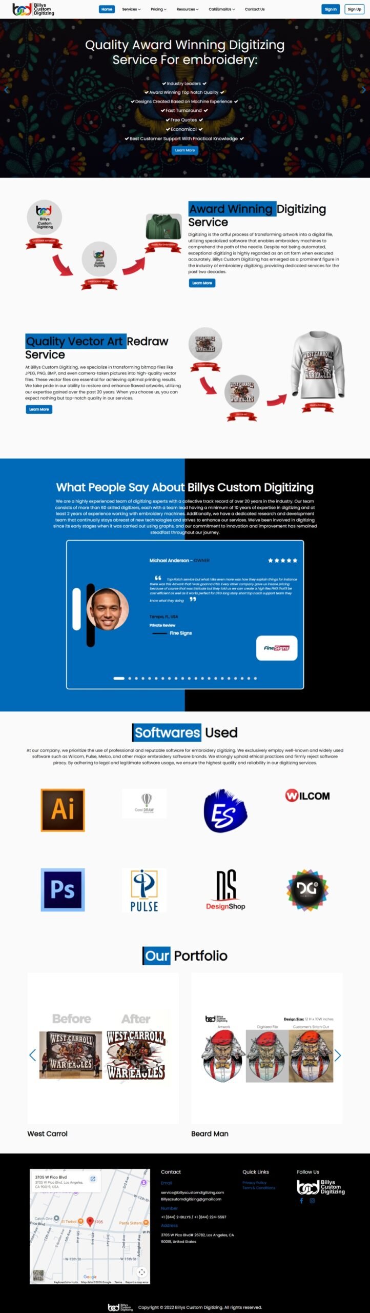 Billy's Custom Digitizing Website Preview